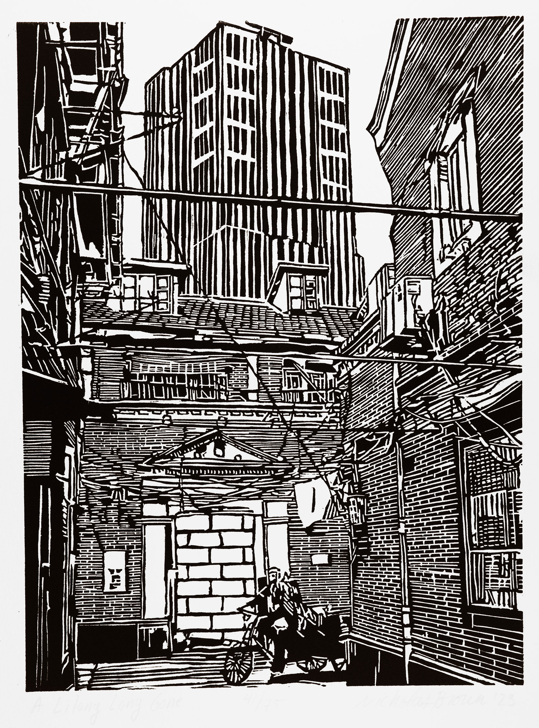 A black and white, linoleum block print of an old alleway between shikumen houses in Shanghai by artist Nicholas Brown.