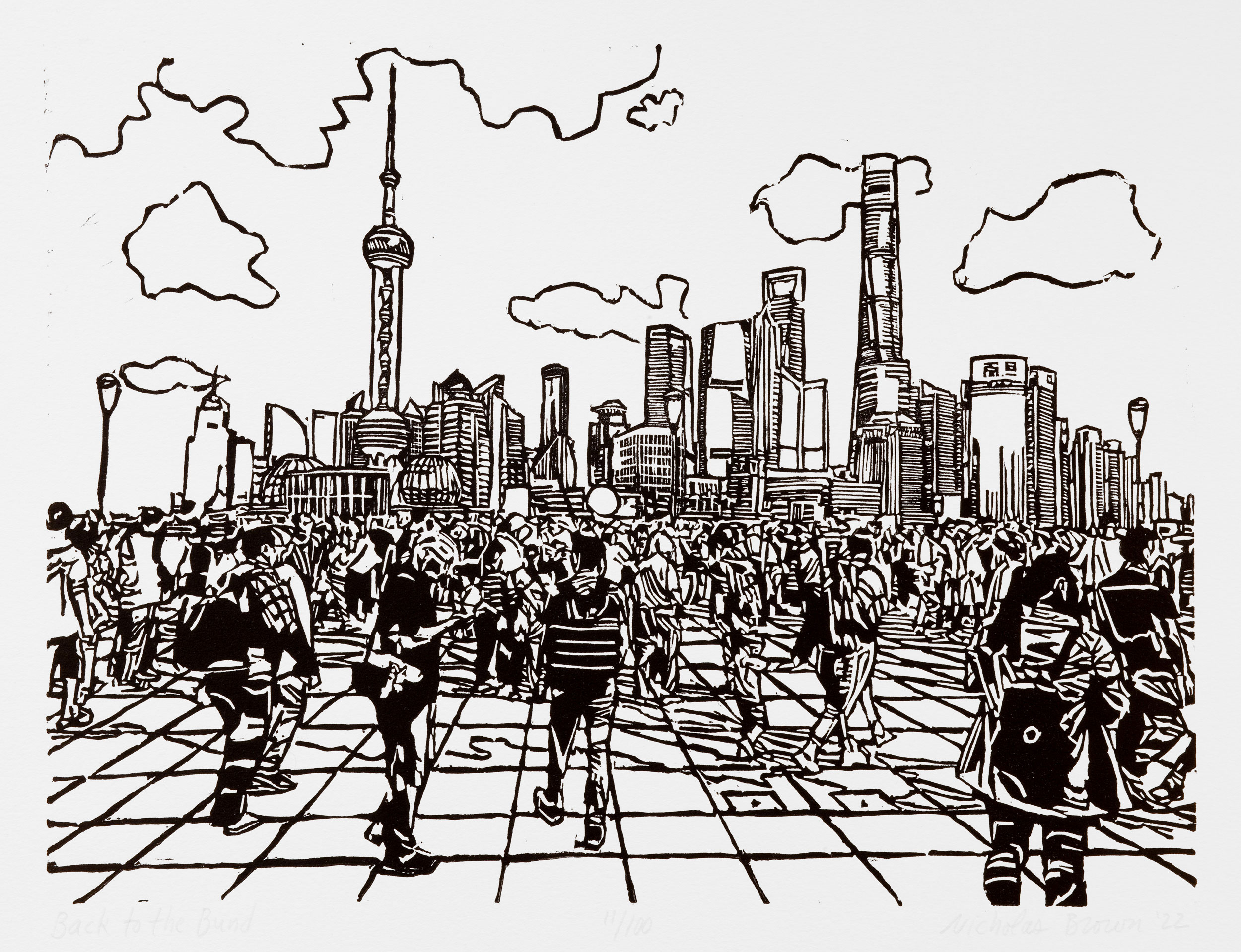 A black and white, linoleum block print of people visiting the Bund riverfront in Shanghai with the Pudong skyline in the background.