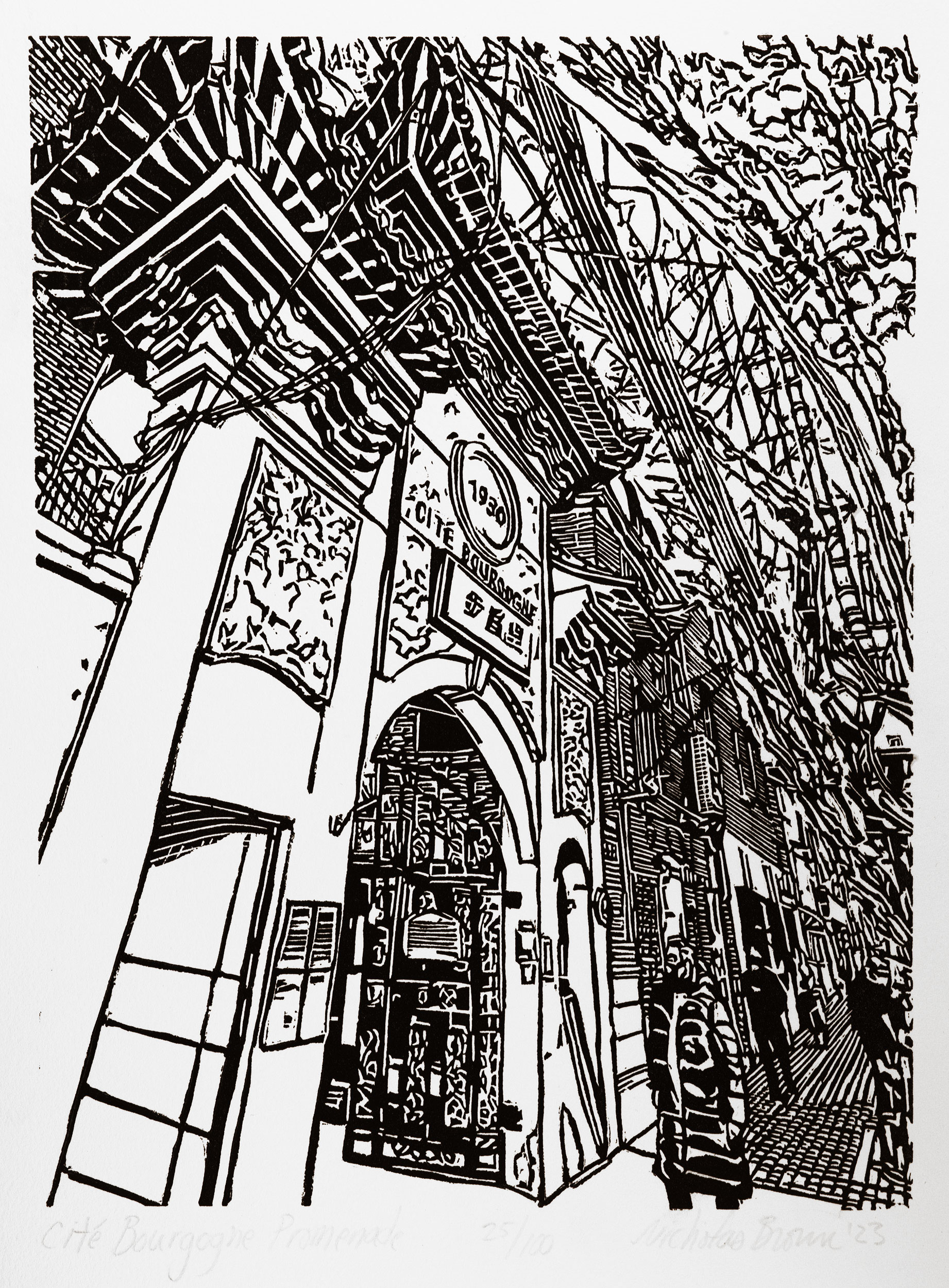 A black and white, linoleum block print of the entrance to Cité Bourgogne on Shaanxi Road in Shanghai by artist Nicholas Brown.