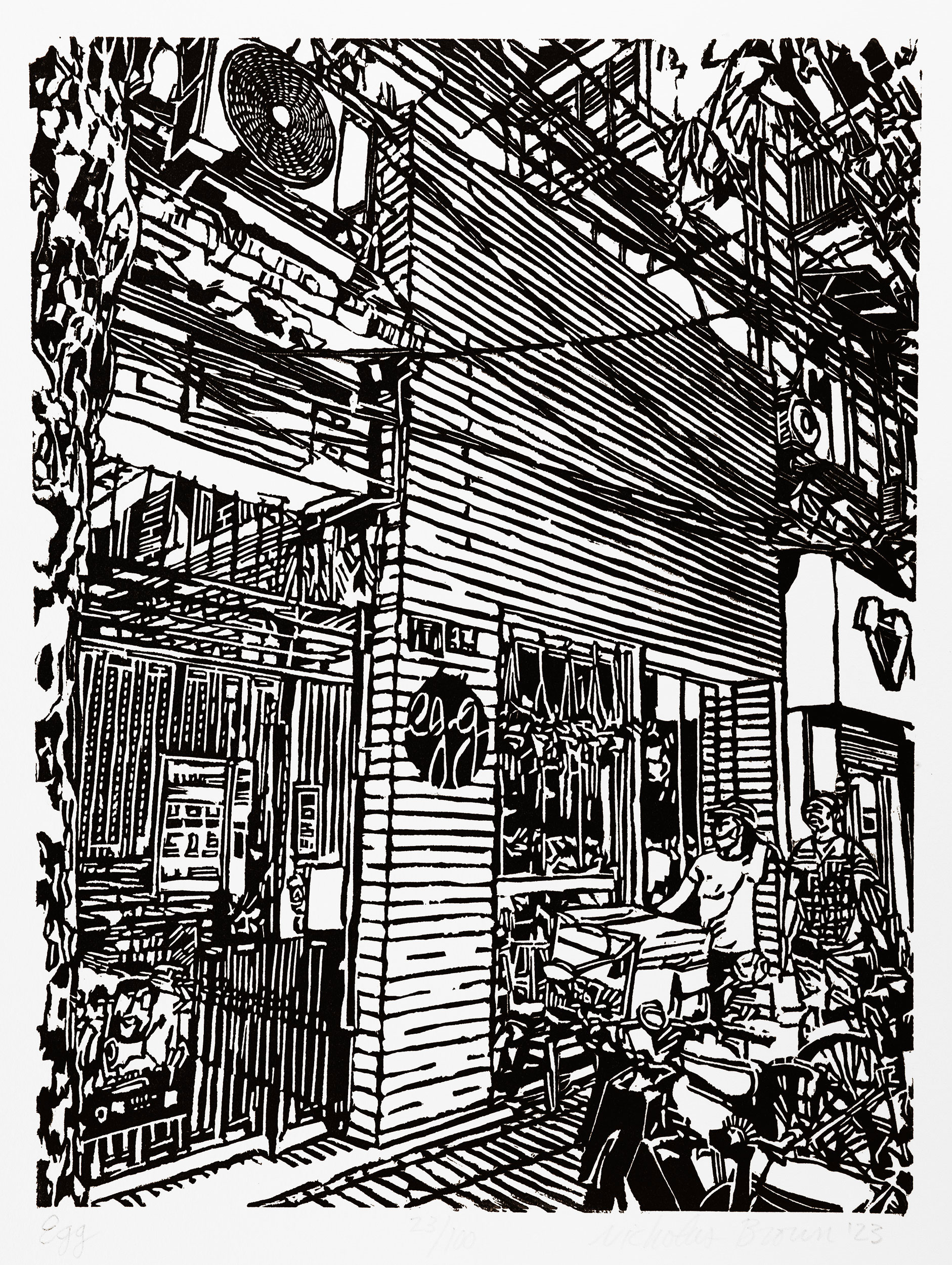 A black and white, linoleum block print of the Egg cafe on Xiangyang Road in Shanghai by artist Nicholas Brown.