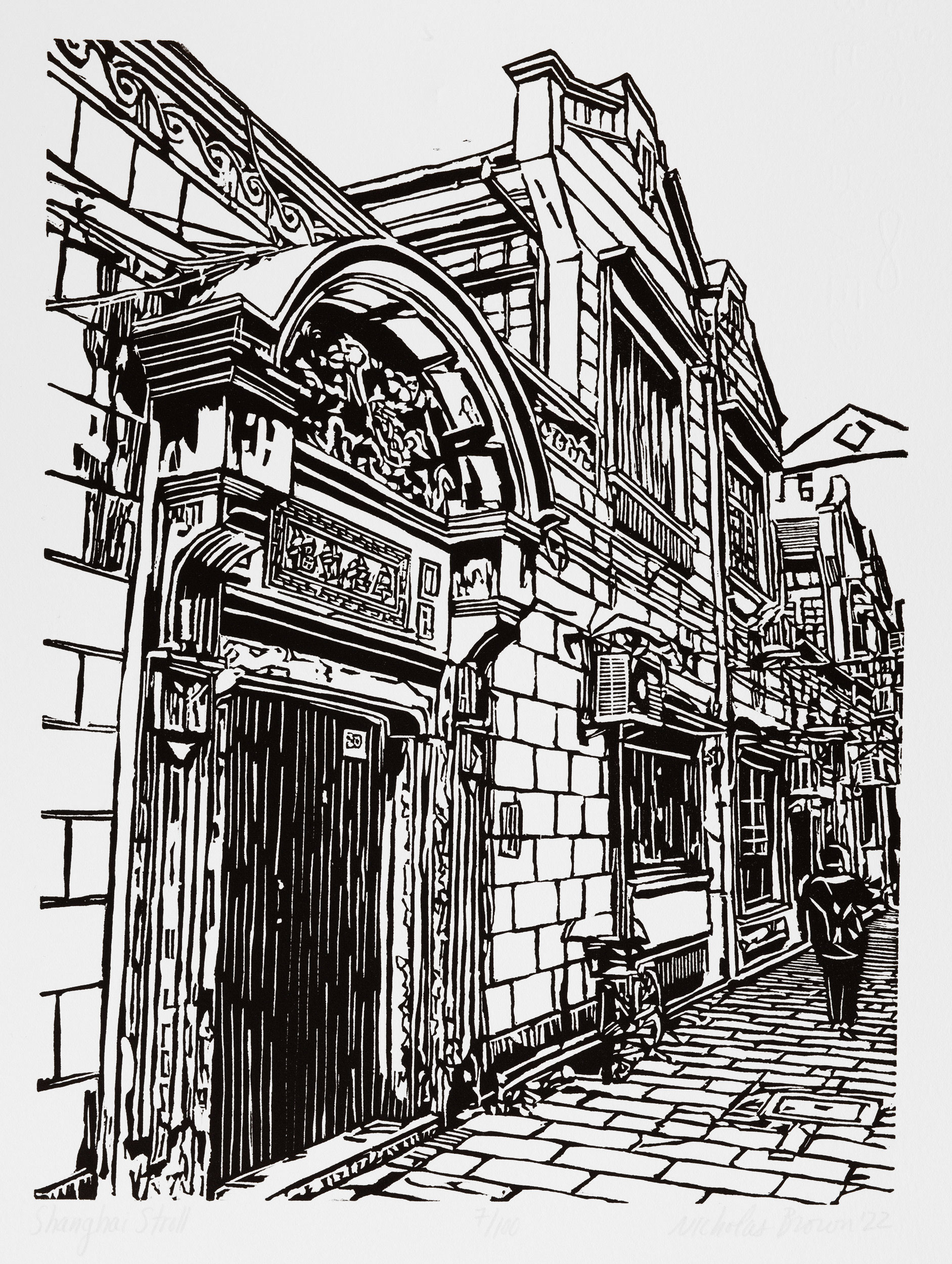 A black and white, linoleum block print of a shikumen lane house in Shanghai by artist Nicholas Brown.