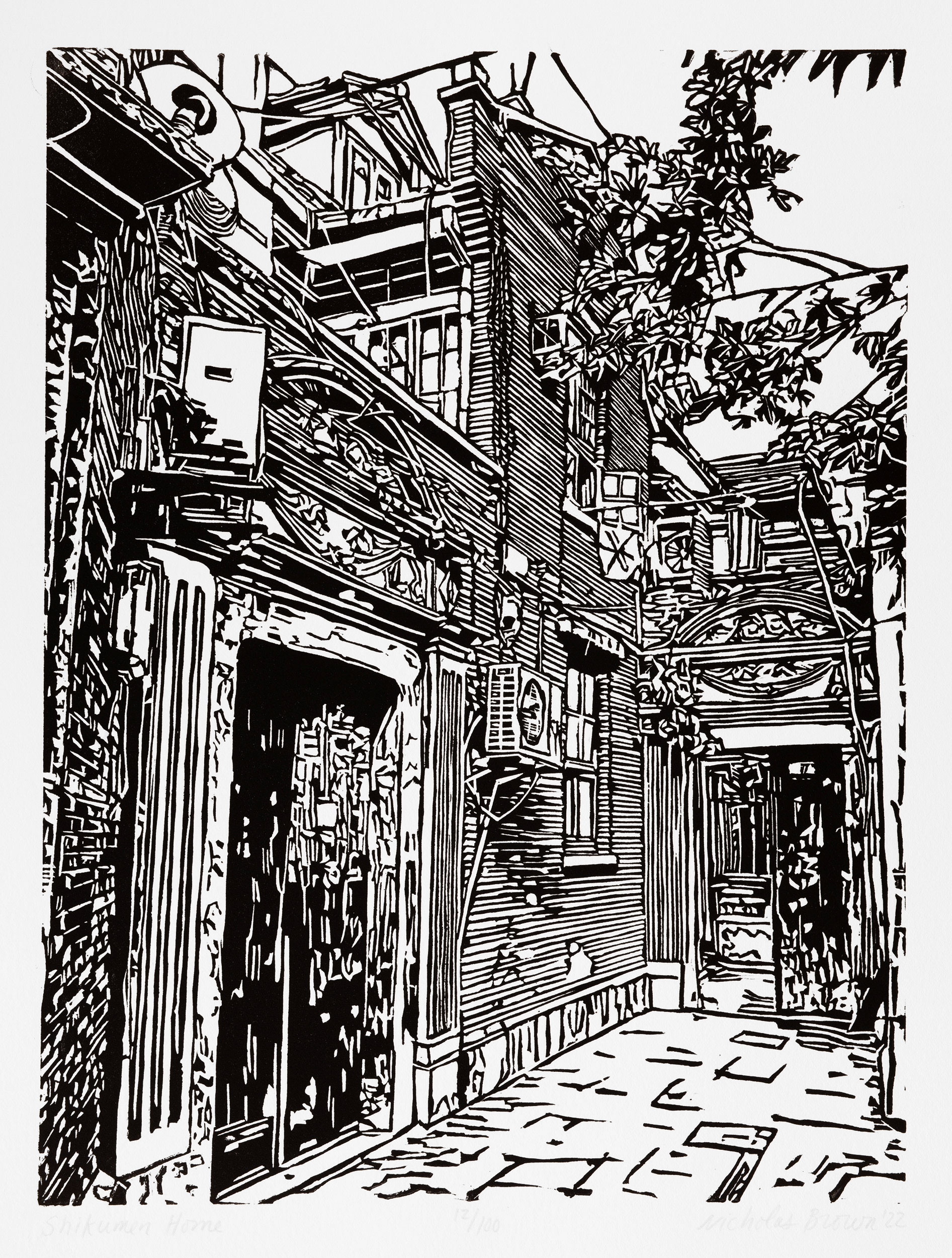 A black and white, linoleum block print of a shikumen lane house in Shanghai by artist Nicholas Brown.