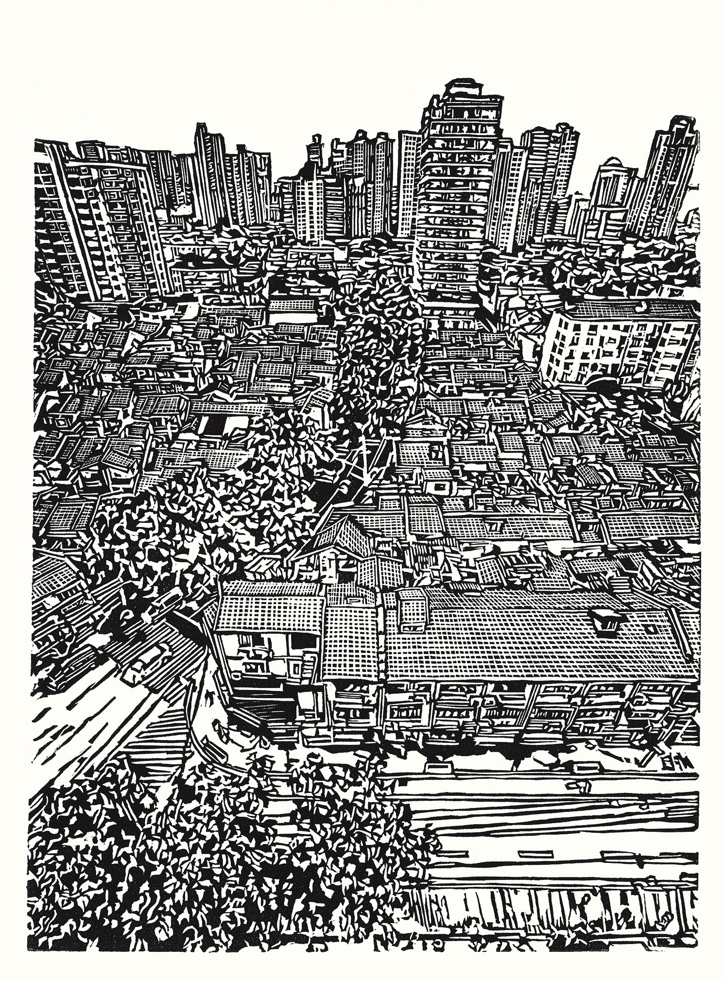 A black and white, linoleum block print of a view over the French Concession area of Shanghai near Yongkang Road by artist Nicholas Brown.