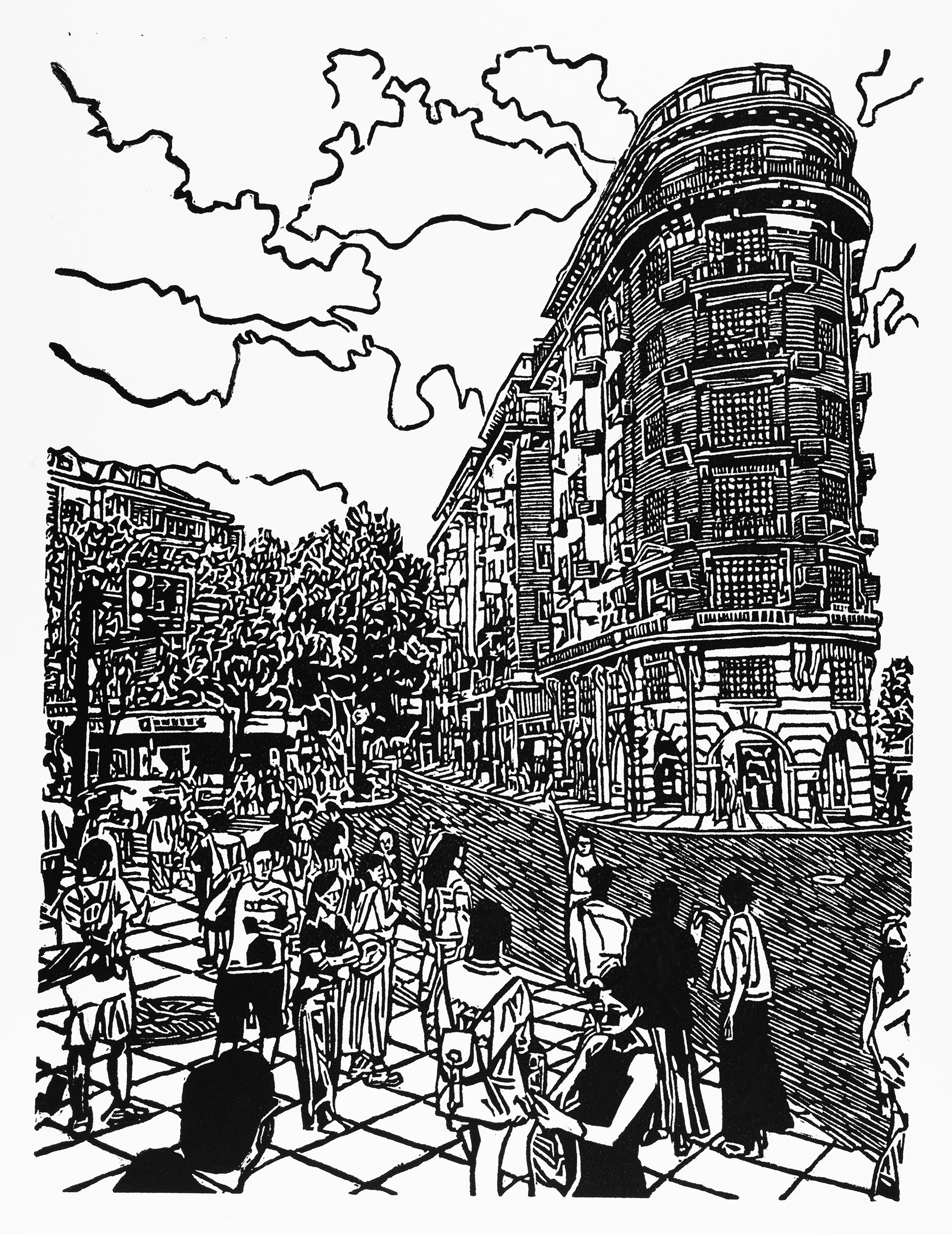 A black and white, linoleum block print of the Wukang Mansion / Normandie Apartments in Shanghai by artist Nicholas Brown.