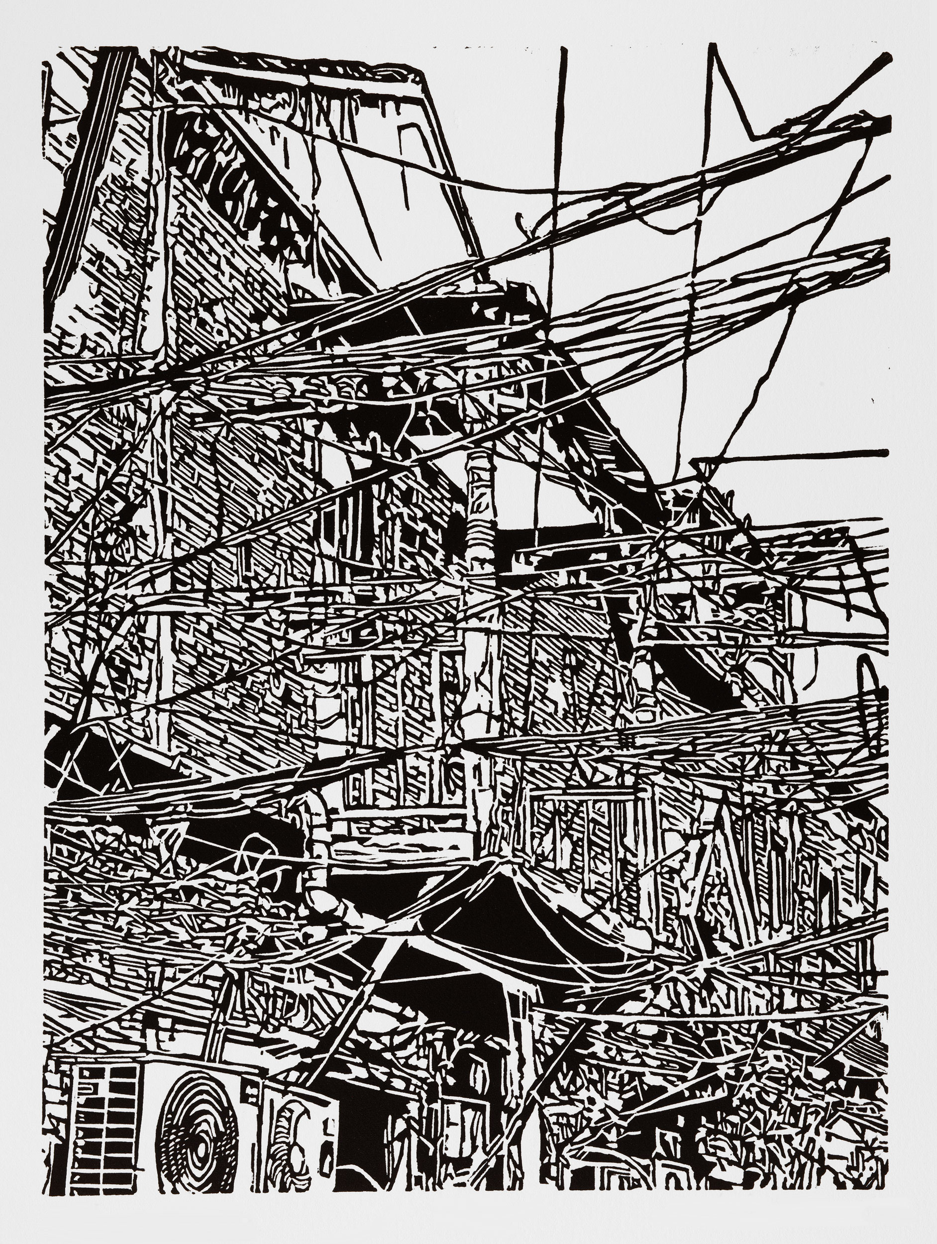 A black and white, linoleum block print of a shikumen building along Zhanggia Lane in the Old City of Shanghai by artist Nicholas Brown.