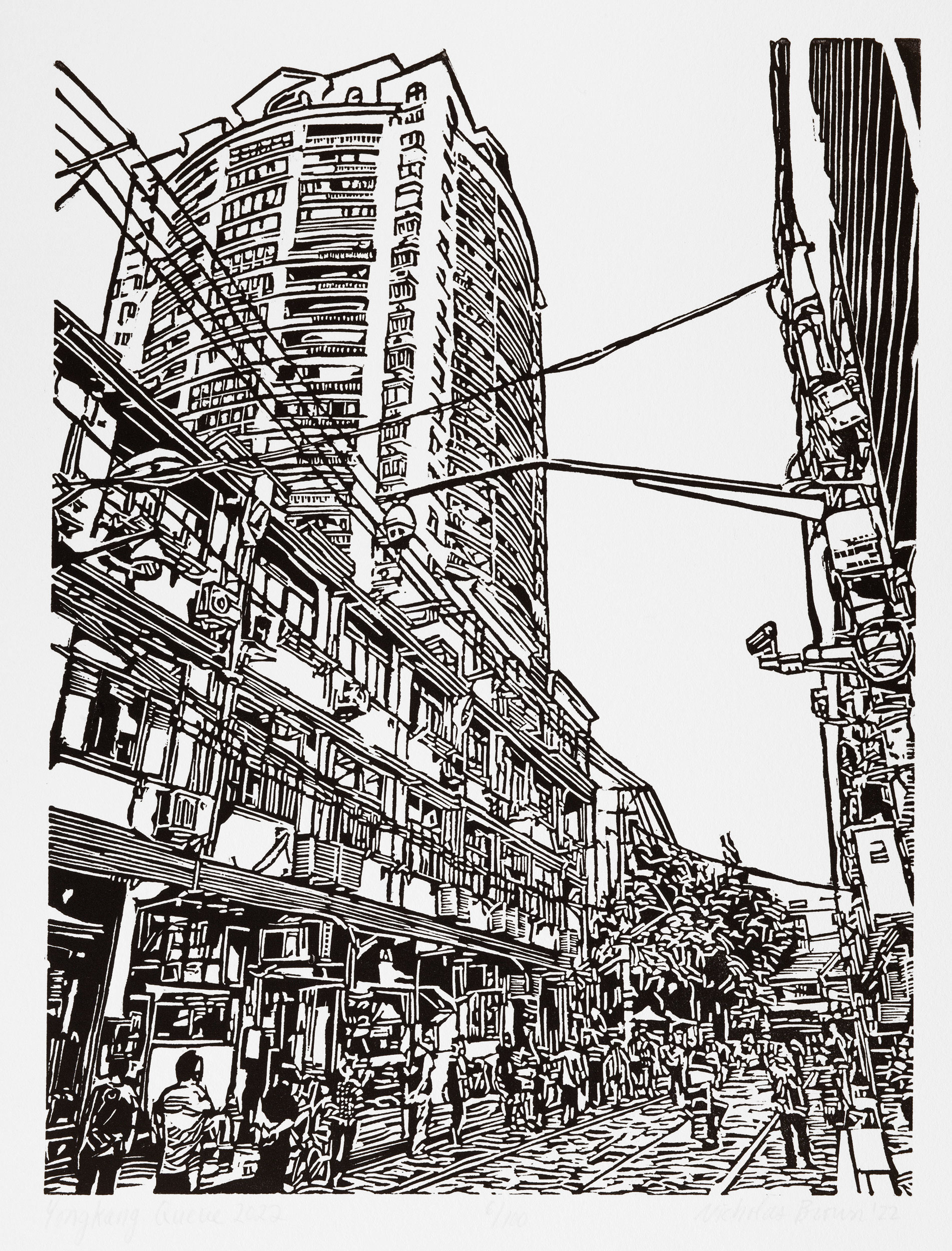 A black and white, linoleum block print of a street scene in Shanghai on Yongkang Road by artist Nicholas Brown, depicting people lined up for covid testing.