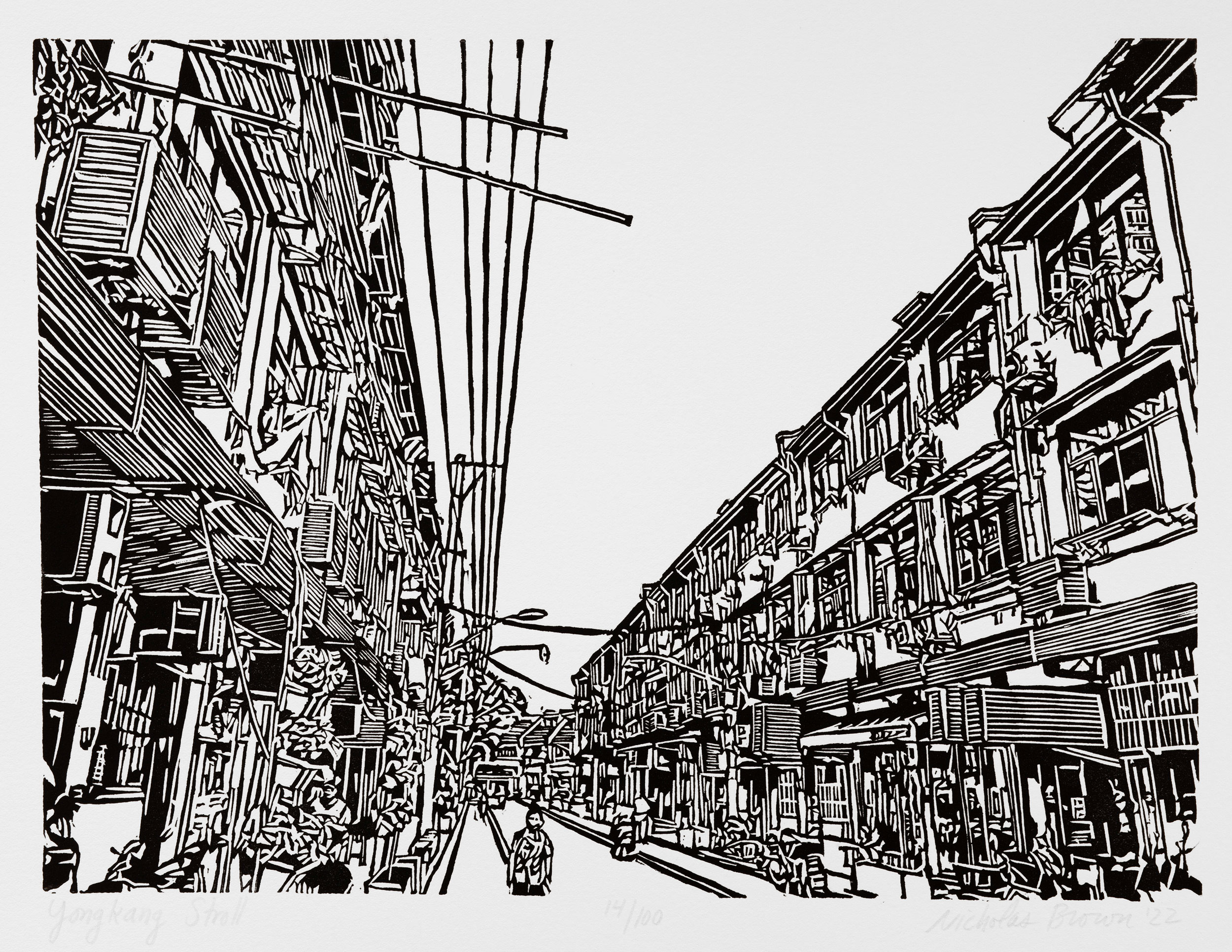 A black and white, linoleum block print of a street scene in Shanghai on Yongkang Road by artist Nicholas Brown.