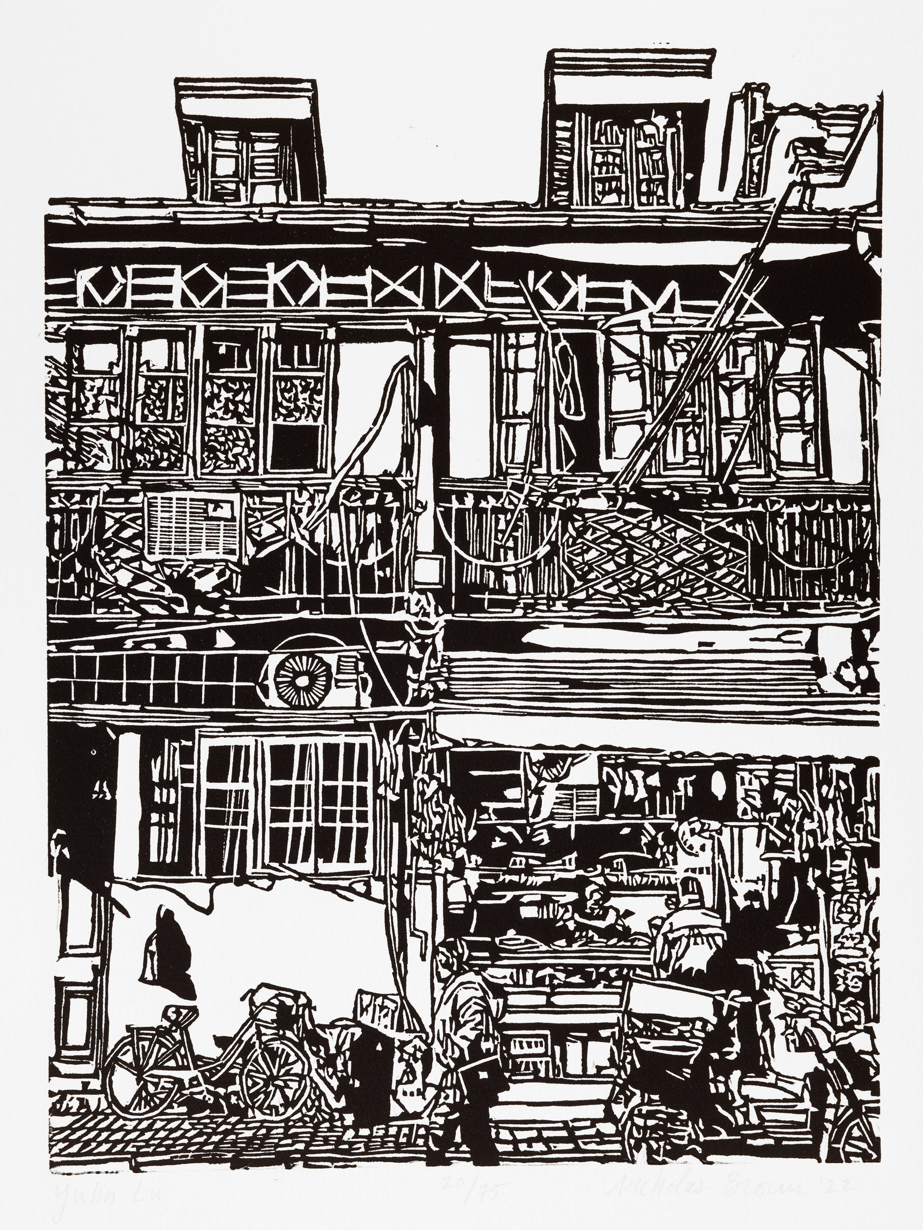 A black and white, linoleum block print of a street scene along Yulin Road in Shanghai featuring traditional chinese architecture with a walk up butcher shop by artist Nicholas Brown.