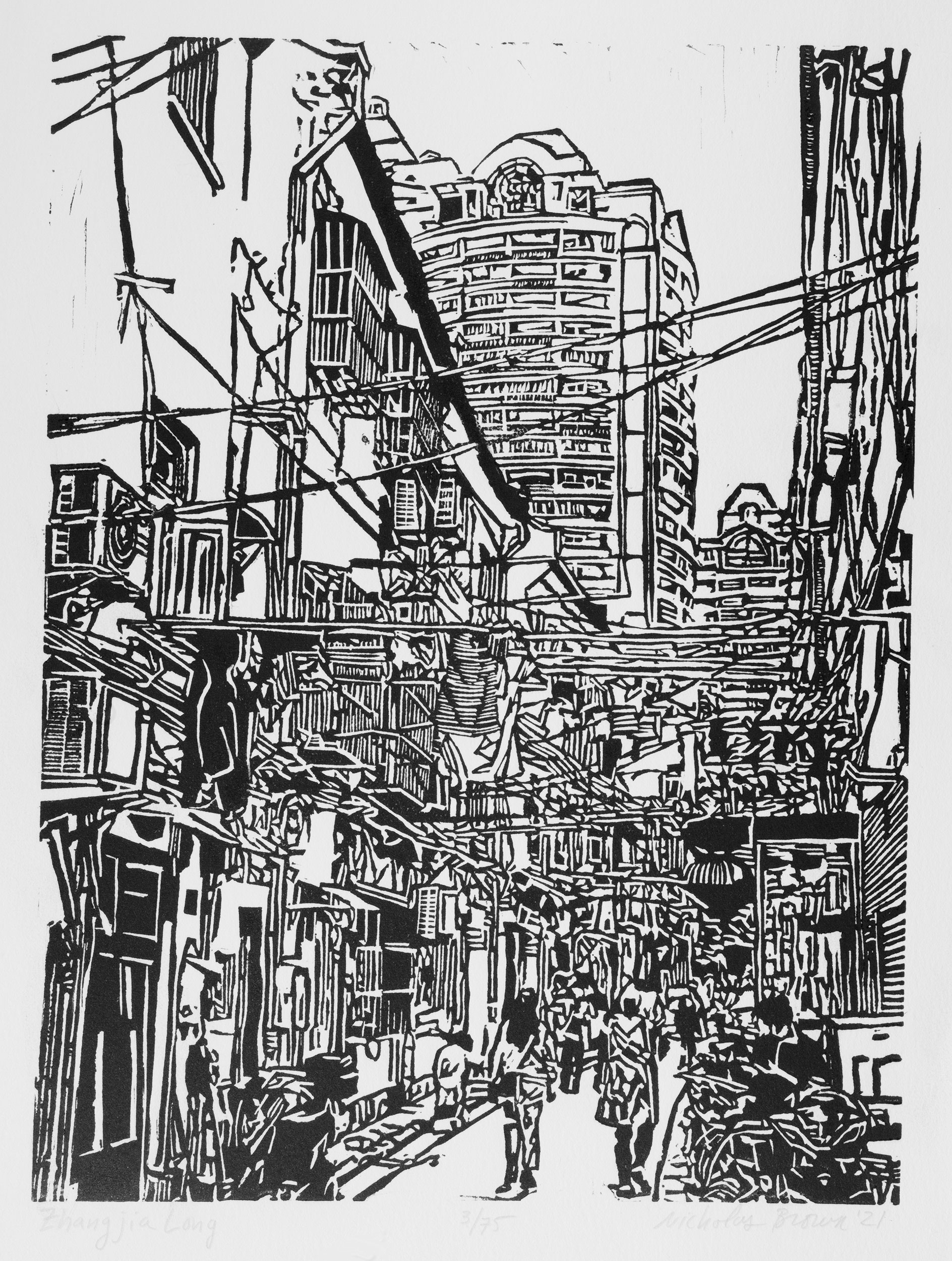 A black and white, linoleum block print of a scene in Shanghai depicting the alley between IAPM and the Mingyuan apartments by artist Nicholas Brown.